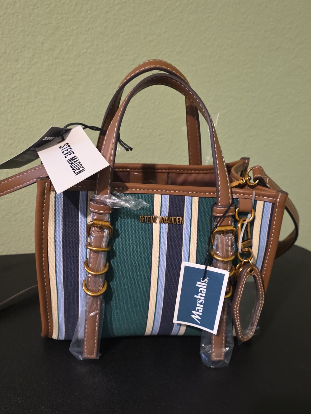 Steve Madden Green and Navy Stripe Small Tote with Tan Trim